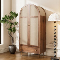 Abrihome Walnut Look Wardrobe With Fabric Doors & Drawer - Sturdy Wooden Legs, Practical Storage Cabinet For Bedroom, Or Dressing Room - thumbnail 4