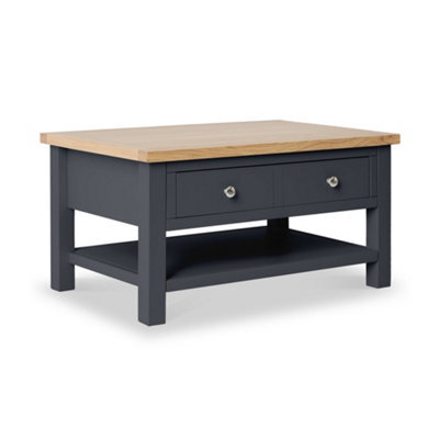 Farro Charcoal 85Cm Large Coffee Table With Drawer And Shelf - Painted With Oak Top By Roseland Furniture - image 1