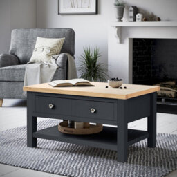 Farro Charcoal 85Cm Large Coffee Table With Drawer And Shelf - Painted With Oak Top By Roseland Furniture - thumbnail 2
