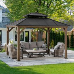 Sunjoy Outdoor Cedar Wood Gazebo With 2-Tier Steel Roof - 300Cm X 360Cm, Anthracite - thumbnail 2
