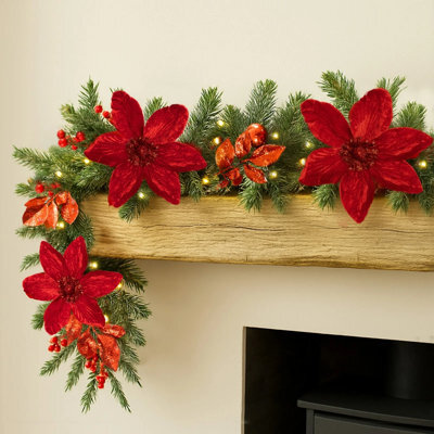 9Ft Christmas Poinsettia Garland Pre Lit Led Battery Powered Festive Decoration - image 1