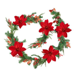 9Ft Christmas Poinsettia Garland Pre Lit Led Battery Powered Festive Decoration - thumbnail 3
