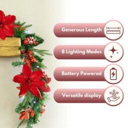 9Ft Christmas Poinsettia Garland Pre Lit Led Battery Powered Festive Decoration - thumbnail 4