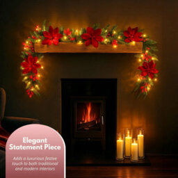 9Ft Christmas Poinsettia Garland Pre Lit Led Battery Powered Festive Decoration - thumbnail 5
