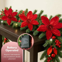 9Ft Christmas Poinsettia Garland Pre Lit Led Battery Powered Festive Decoration - thumbnail 8