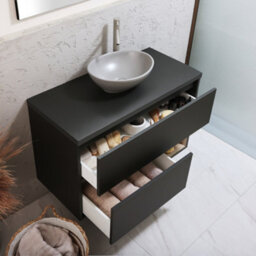 Homestylestore Black Grey 1000mm Led Lit Wall Hung Bathroom Vanity Unit With Oval Pebble Countertop Basin - thumbnail 2