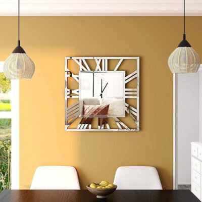 Biznest Full Mirrored Square Wall Clock Large Roman Numeralclock Silver Finish Modern Home Decorative Mount (80X80 Cm)