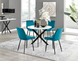 Furniturebox Uk Novara White Gloss Black Leg Round Dining Table & 4 Blue Pesaro Black Leg Chairs