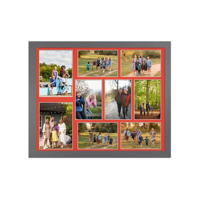 AK Frames 20X16 Dark Grey Sleek Multi Photo Frame With Poppy Red Mount - Holds 9 Apertures (2X) 7X5, (7X) 6X4 Photos - image 1