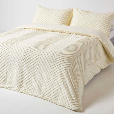 Homescapes Off White Chevron Cotton Tufted Duvet Cover Set, Super King - image 1