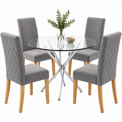 Oira Homes Modern 4 Seater Dining Table Set With Round Glass Dining Table And 4 Grey Velvet Chairs - image 1