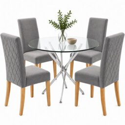 Oira Homes Modern 4 Seater Dining Table Set With Round Glass Dining Table And 4 Grey Velvet Chairs - thumbnail 1