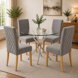 Oira Homes Modern 4 Seater Dining Table Set With Round Glass Dining Table And 4 Grey Velvet Chairs - thumbnail 2