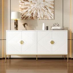 Matteo Modern White Sideboard With Geometric 3D Doors & Gold Legs - 4-Door Storage Cabinet (158X40X80Cm) - thumbnail 9