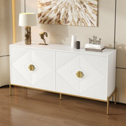 Matteo Modern White Sideboard With Geometric 3D Doors & Gold Legs - 4-Door Storage Cabinet (158X40X80Cm) - thumbnail 8