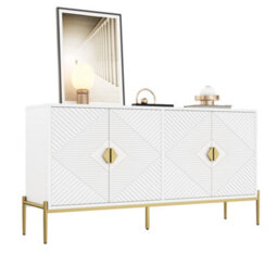 Matteo Modern White Sideboard With Geometric 3D Doors & Gold Legs - 4-Door Storage Cabinet (158X40X80Cm) - thumbnail 1