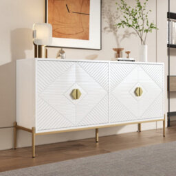 Matteo Modern White Sideboard With Geometric 3D Doors & Gold Legs - 4-Door Storage Cabinet (158X40X80Cm) - thumbnail 2