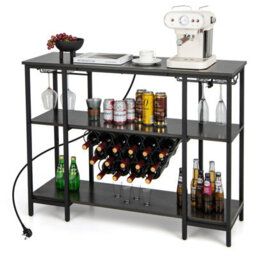 Costway 3-Tier Wine Bar Cabinet Industrial Wine Rack With Storage Shelves Glass Holder