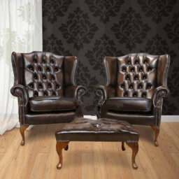 Chesterfield Pair High Back Wing Chair + Footstool Antique Brown Leather In Mallory Style - thumbnail 1