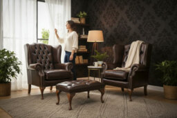 Chesterfield Pair High Back Wing Chair + Footstool Antique Brown Leather In Mallory Style - thumbnail 2