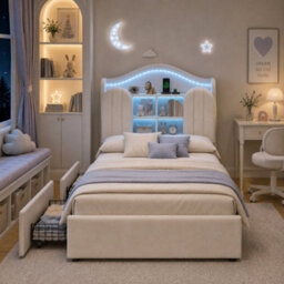 Btm 3Ft Single Kids Bed, Velvet Upholstered Frame With Led Headboard, Charging Station And 2 Reversible Drawers, Cream White - thumbnail 6