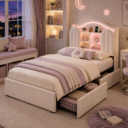 Btm 3Ft Single Kids Bed, Velvet Upholstered Frame With Led Headboard, Charging Station And 2 Reversible Drawers, Cream White - thumbnail 7