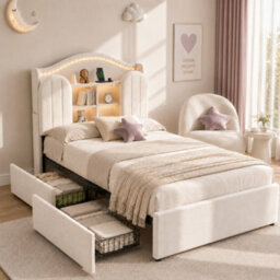 Btm 3Ft Single Kids Bed, Velvet Upholstered Frame With Led Headboard, Charging Station And 2 Reversible Drawers, Cream White - thumbnail 3