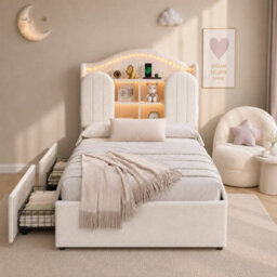 Btm 3Ft Single Kids Bed, Velvet Upholstered Frame With Led Headboard, Charging Station And 2 Reversible Drawers, Cream White - thumbnail 4