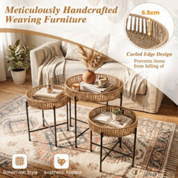 Gainoom Round Bedside Tables Nesting Side Tables Set Of 3 Weaving End Tables Boho Coffee Tables - thumbnail 8