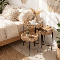 Gainoom Round Bedside Tables Nesting Side Tables Set Of 3 Weaving End Tables Boho Coffee Tables - thumbnail 6