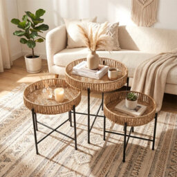 Gainoom Round Bedside Tables Nesting Side Tables Set Of 3 Weaving End Tables Boho Coffee Tables - thumbnail 4