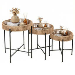 Gainoom Round Bedside Tables Nesting Side Tables Set Of 3 Weaving End Tables Boho Coffee Tables - thumbnail 3