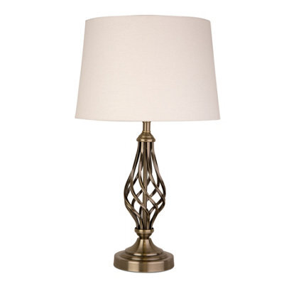 Lighting Supermarket Queenswood Traditional Barley Twist Table Lamp With Ivory Linen Drum Shade - Antique Brass - image 1
