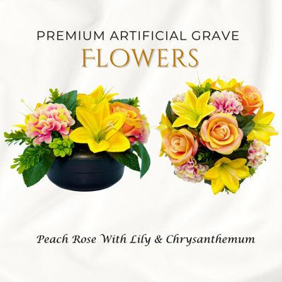 Premium Artificial Grave Flowers - 24Cm Peach Rose With Lily & Chrysanthemum Weighted Pot - image 1