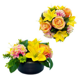 Premium Artificial Grave Flowers - 24Cm Peach Rose With Lily & Chrysanthemum Weighted Pot - thumbnail 2
