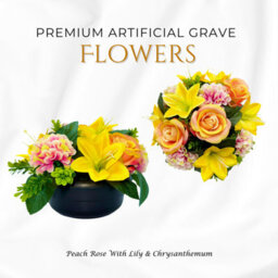 Premium Artificial Grave Flowers - 24Cm Peach Rose With Lily & Chrysanthemum Weighted Pot - thumbnail 3