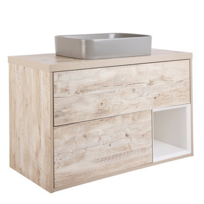 Homestylestore Light Oak 1000mm Led Lit Wall Hung Bathroom Vanity Unit With Rectangular Pebble Countertop Basin - image 1