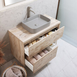 Homestylestore Light Oak 1000mm Led Lit Wall Hung Bathroom Vanity Unit With Rectangular Pebble Countertop Basin - thumbnail 2