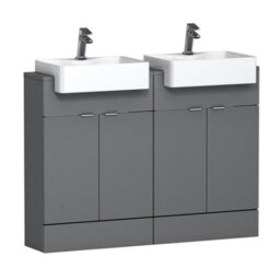 Royal Bathrooms Elena 1200mm Floor Standing Vanity Unit Bathroom Sink Indigo Grey Gloss 4 Door With Semi Recessed Double Basin