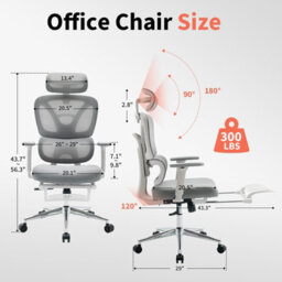 London Boutique Ergonomic Mesh Office Chair, Adjustable Headrest And Lumbar Support, Footrest, Reclining Swivel Desk Chair, Grey - thumbnail 3