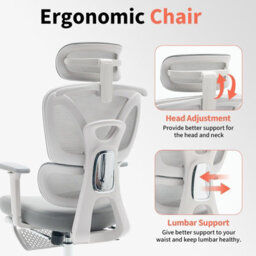 London Boutique Ergonomic Mesh Office Chair, Adjustable Headrest And Lumbar Support, Footrest, Reclining Swivel Desk Chair, Grey - thumbnail 7