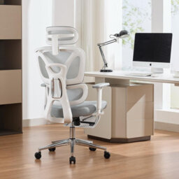 London Boutique Ergonomic Mesh Office Chair, Adjustable Headrest And Lumbar Support, Footrest, Reclining Swivel Desk Chair, Grey - thumbnail 2