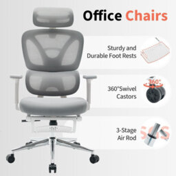 London Boutique Ergonomic Mesh Office Chair, Adjustable Headrest And Lumbar Support, Footrest, Reclining Swivel Desk Chair, Grey - thumbnail 6