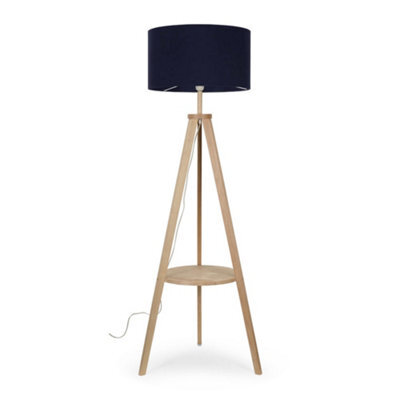 Valuelights Morrigan Natural Wood Shelf Tripod Floor Lamp With Navy Drum Shade - image 1