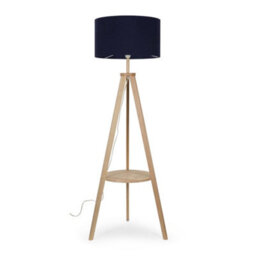 Valuelights Morrigan Natural Wood Shelf Tripod Floor Lamp With Navy Drum Shade