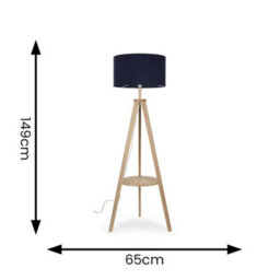 Valuelights Morrigan Natural Wood Shelf Tripod Floor Lamp With Navy Drum Shade - thumbnail 7