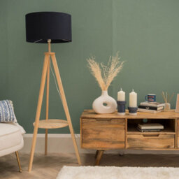 Valuelights Morrigan Natural Wood Shelf Tripod Floor Lamp With Navy Drum Shade - thumbnail 5
