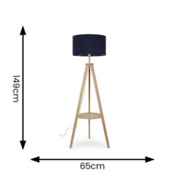 Valuelights Morrigan Natural Wood Shelf Tripod Floor Lamp With Navy Drum Shade - thumbnail 9