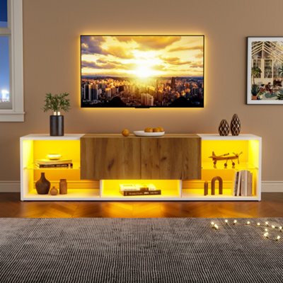 Tv Stand With 2 Drawers, 5 Open Storage Compartments And Led Lights, Wood & White - image 1