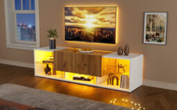 Tv Stand With 2 Drawers, 5 Open Storage Compartments And Led Lights, Wood & White - thumbnail 9